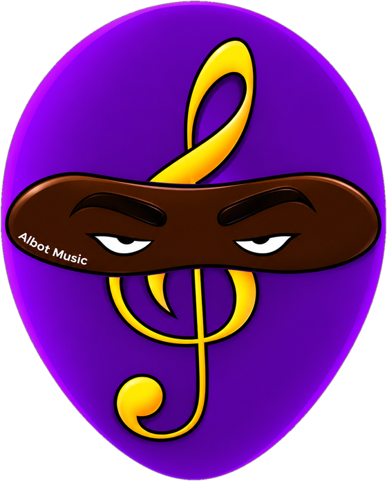 Albot Music™ emblem: a gold treble clef wearing a ninja mask on a purple shield